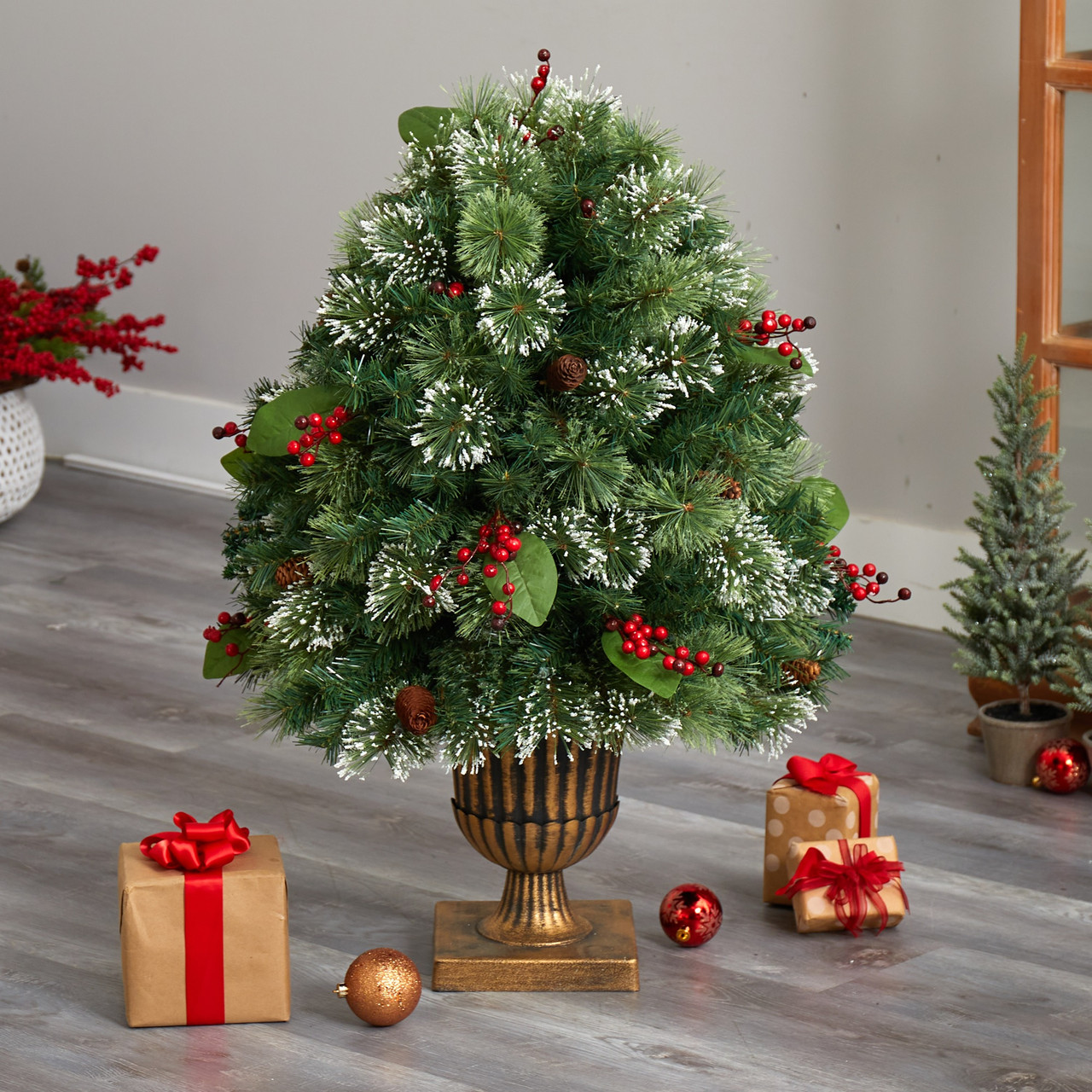 3' Pre-Lit Frosted Pine Artificial Outdoor Christmas Tree, Warm Clear ...